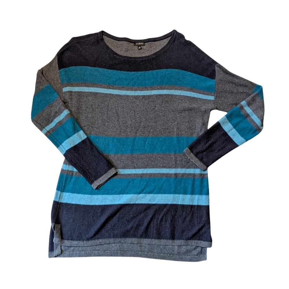 Talbots Women’s Pullover Sweater Size Medium Blue Teal Gray Striped Long Sleeve
